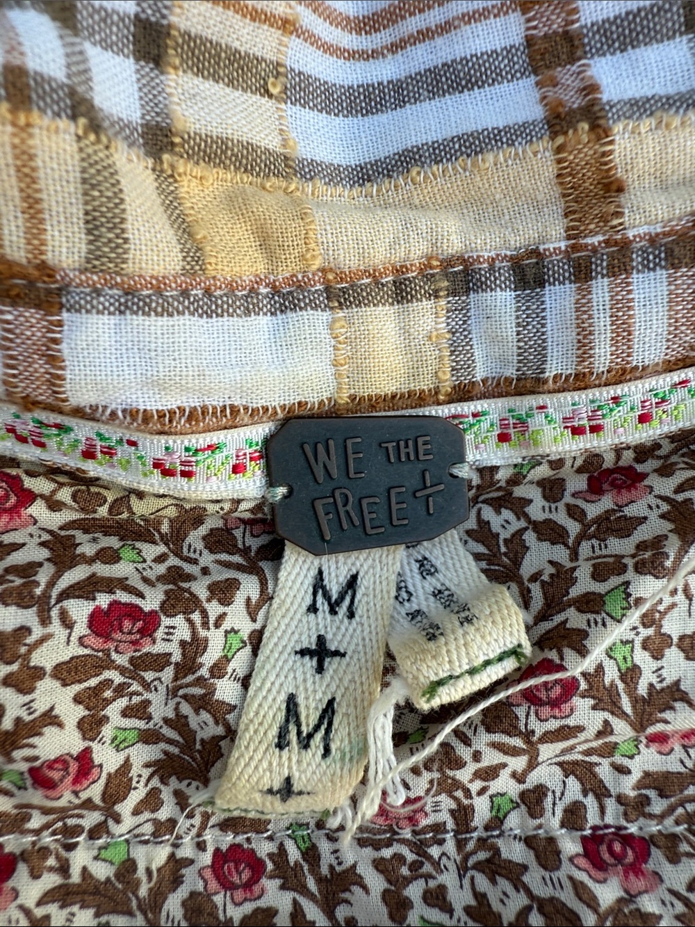 We The Free Plaid & Floral Mix Shirt in Cream, Brown, Yellow and Red - Picture 2 of 3